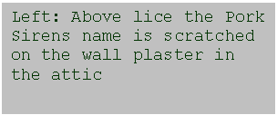 Text Box: Left: Above lice the Pork Sirens name is scratched on the wall plaster in the attic
